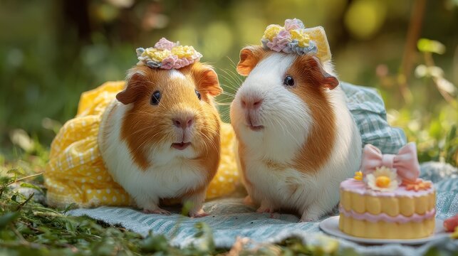 Two cute guinea pigs in party clothes sitting together having picnic outdoors in summer, green grass, garden, park background, AI Generated.