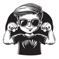 Little kid wearing sunglasses showing muscles, confident strong child vector cartoon illustration