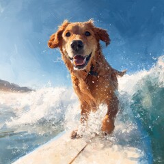 Joyful golden retriever mastering the waves on a surfboard, capturing the essence of beach adventures. Generative AI.