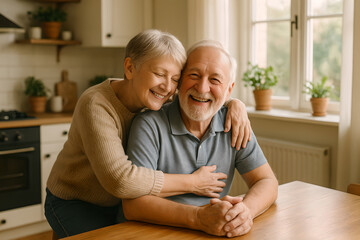 Elderly couple embracing in a bright kitchen with natural light and potted plants nearby