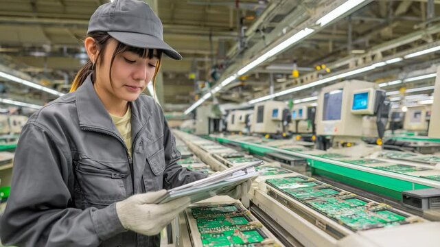女性が電子基板を検査する工場作業