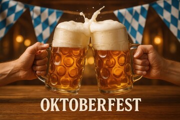 A lively Oktoberfest banner showing clinking large beer mugs overflowing with foam