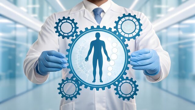 Doctor wearing gloves holds a digital interface with human silhouette and gears