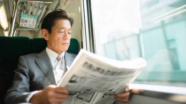 日本人男性が電車内で新聞を真剣に読む光景