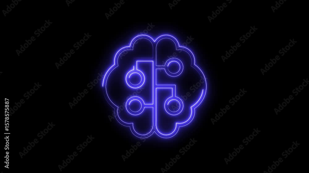 Poster abstract artificial intelligence brain with glowing blue neon lines on a black background