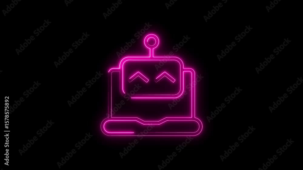 Poster glowing pink neon robot icon animation on black background for futuristic tech design