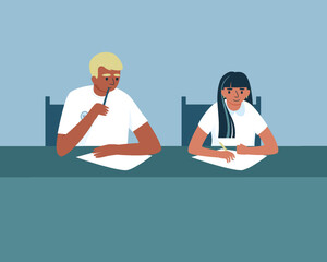 Students boy and girl sitting at desk. Students writing test exam. Education concept. Teenagers in lesson. Exam test. Vector illustration in flat style.