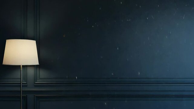 Floor lamp illuminating elegant dark blue room with falling dust particles
