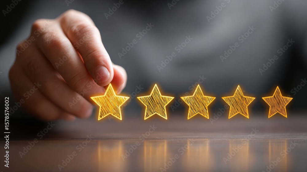 Poster customer review stars create a visual feedback loop showcasing satisfaction and engagement in a mini