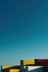 Obraz premium Row of yellow and red shipping containers are stacked on top of each other. Wallpapers vertical. Background vertical.