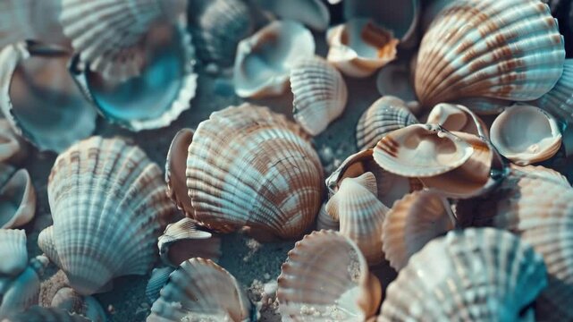 Close-up of various seashells found on a sandy beach.