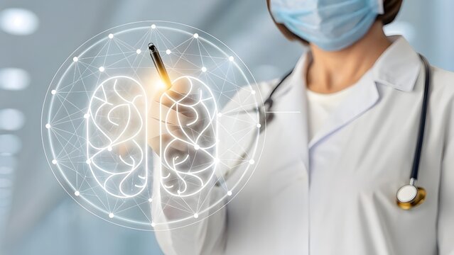 Doctor interacting with a digital brain network hologram for medical research - Powered by Adobe