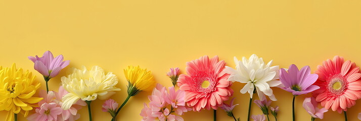 Colorful spring flowers on yellow background for seasonal website header, 3:1 banner image with top copy space, vibrant layout for blog or digital content in bright pastel tones