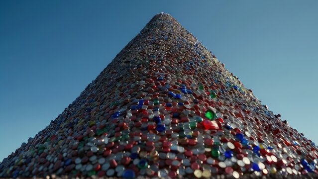 Precarious mountain built from thousands of assorted used plastic and metal bottle caps—faded reds, blues, greens, yellows—towering against a bright blue sky. Recycling concept, beverage packaging tem