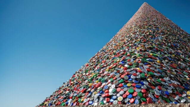 Viewed from below: a towering, precarious mountain of thousands of used plastic and metal bottle caps in faded reds, blues, greens, and yellows. Recycling concept, beverage packaging template, lid, la