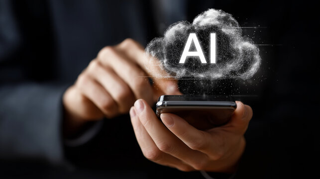 businessman using mobile phone. virtual ''AI'' text and cloud computing backup icon