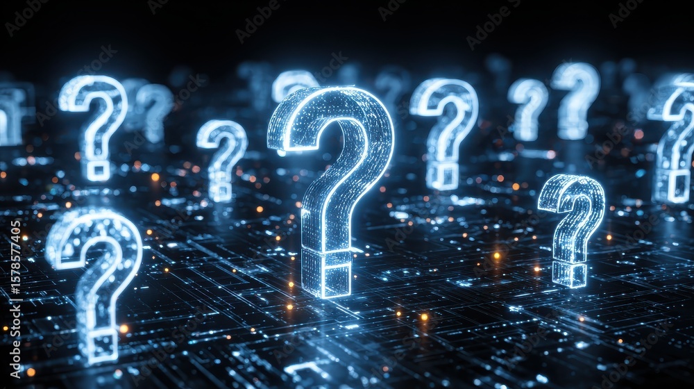Poster glowing blue large question marks on a digital grid background, symbolizing inquiry, uncertainty, an