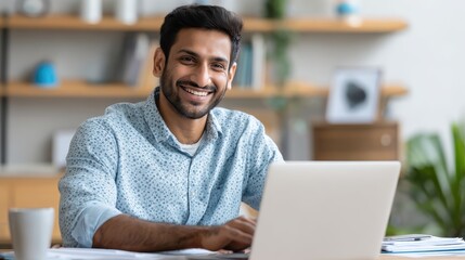 Smiling indian business man working on laptop at home office. Young indian student or remote teacher using computer remote studying, virtual training, watching online education webinar at home office