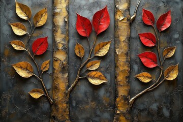 Textured art shows gold birch trees with red and gold leaves on dark background. Use this abstract design for seasonal art, backgrounds and creative projects.