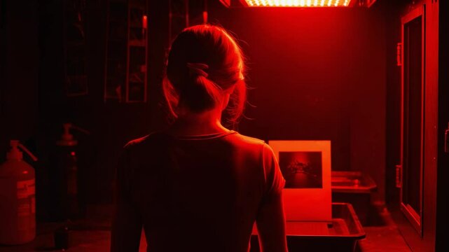 Woman from behind working in a traditional photography darkroom. Female photographer developing film under a red safelight. Analog creative process.
