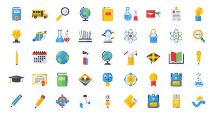 Colorful flat icons depicting education, science, and learning concepts.