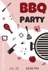 BBQ minimalistic poster. Grill barbecue party invintation. Outdoor cooking poster. BBQ cooking elements: grill, spatula, fork,salt, flames, chiken leg, tomato, rosemary, cleaver. Vector illustration. 