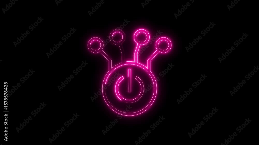 Aufkleber pink neon power button symbol with connecting nodes on black background animation