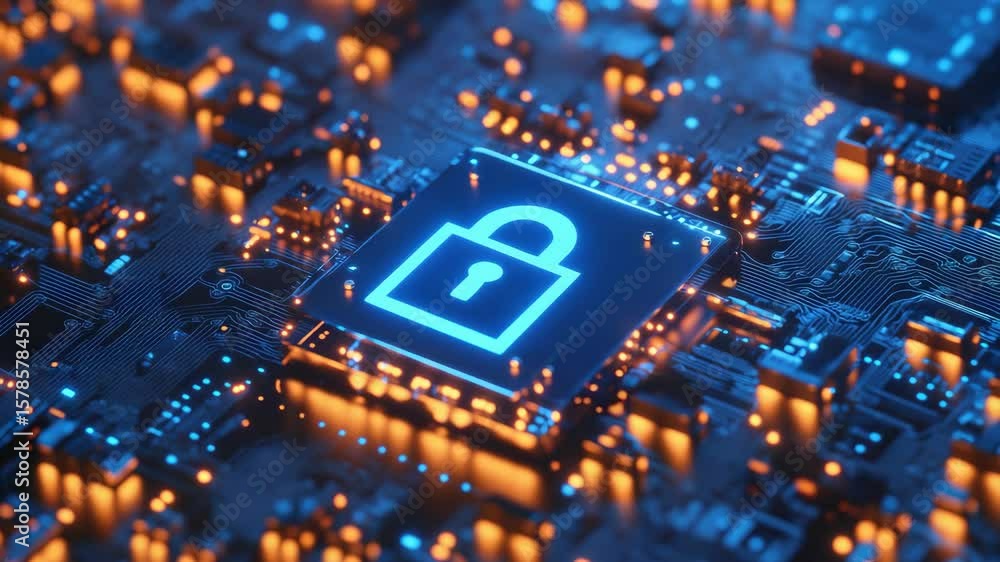 Poster microchip with lock symbol, indicating advanced encryption technology. the blue light glowing on the