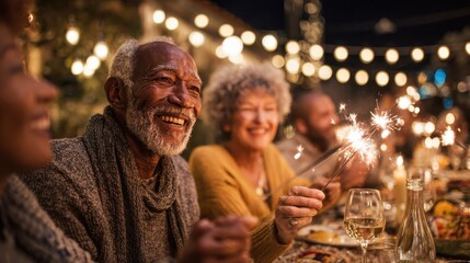 Group of senior friends celebrating with sparklers fireworks new year's eve on patio terrace - Happy people having fun after dinner - Family lifestyle and holidays concept - Focus on left man ear ill