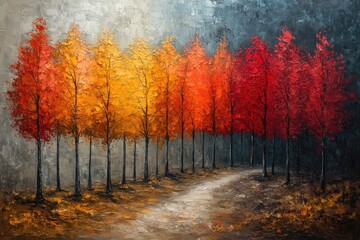 Fototapeta premium A vibrant oil painting of autumn trees with leaves in shades of red, orange, and yellow. It evokes the beauty of fall season, perfect for backgrounds or wall art prints.