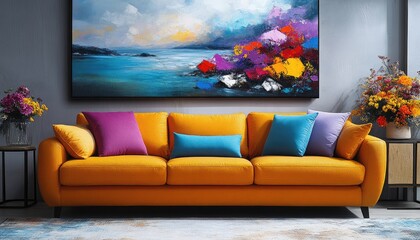 Bright living room with an orange sofa, colorful pillows, and abstract painting. Perfect for decorating and creating a cozy, inviting space in your home.