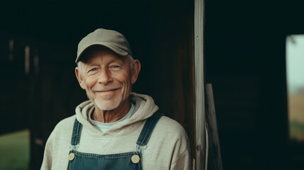Smiling farmer standing in doorway of barn during golden hour near a rural field