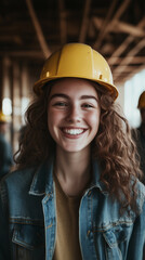 Young woman with curly hair smiles while wearing a yellow hard hat at a construction site during the day