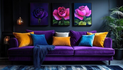 Plush purple velvet sofa with bright throw pillows in a luxurious dark living room. Perfect for home decor blogs, interior design articles, or sophisticated advertisements.