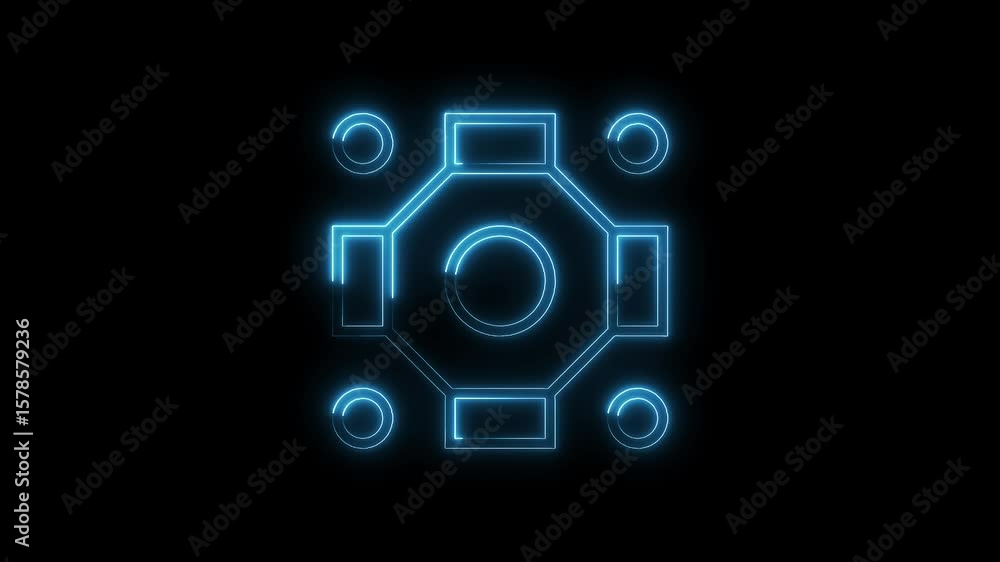 Poster neon glowing sci fi style abstract symbol with squares and circles on black background