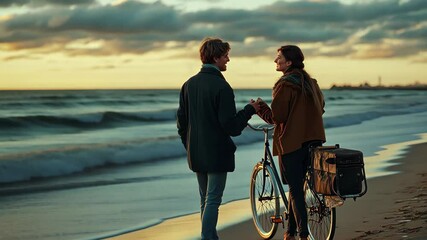 Young couple enjoys a romantic walk along the shore at sunset while holding hands and pushing a bicycle, Young couple walking along the shore, talking, pushing a bicycle Cinematic