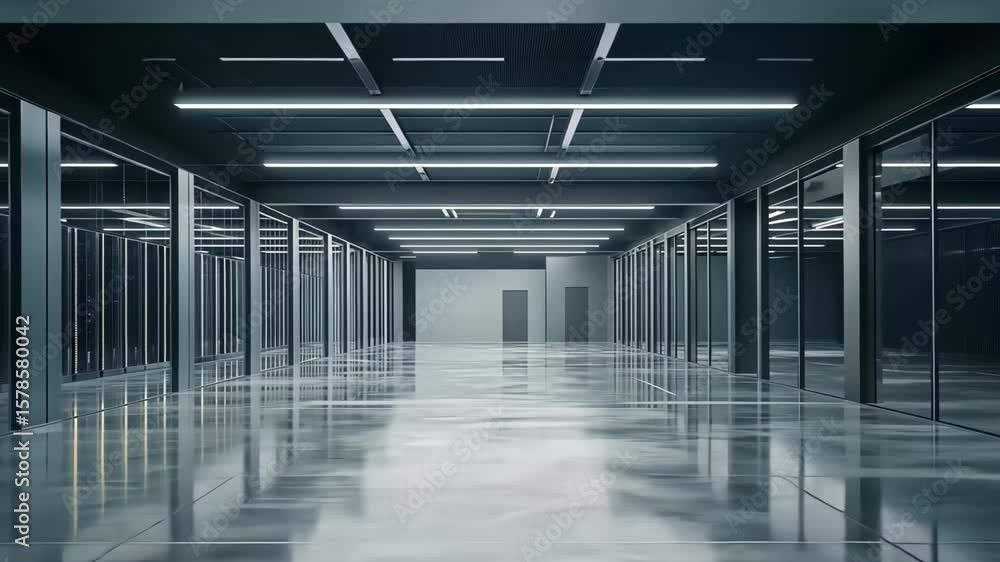 Poster modern empty data centre interior with rows of clean server racks and bright overhead lighting, empt