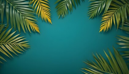 Naklejka premium Palm leaves form a vibrant border on a teal background.