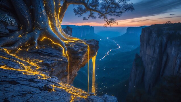 Cliff Edge Tree with Glowing Roots Overlooking Valley at Sunset