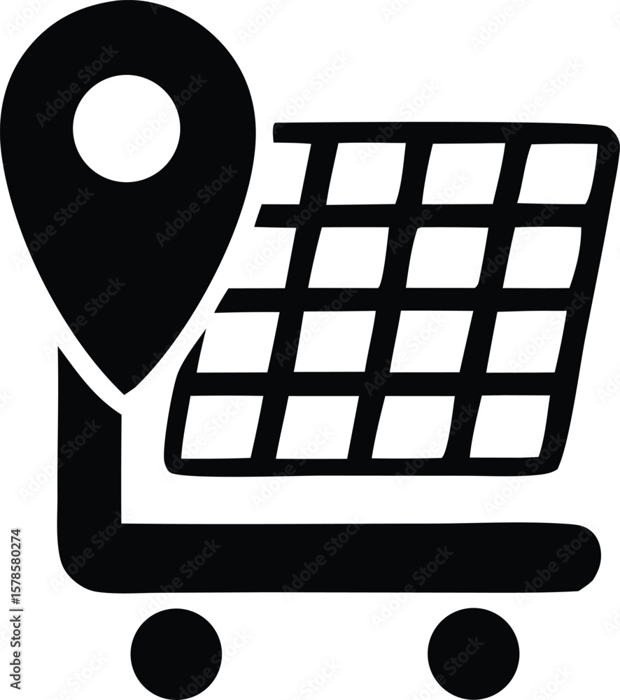 Poster icon representing a shopping cart with a location pin symbolizing local shopping or finding stores