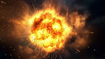 Fiery explosion unleashes bright sparks against dark backdrop during nighttime event, Intense, fiery explosion with flying sparks on dark background - Powered by Adobe