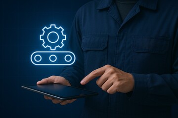Engineer Using Digital Tablet in Manufacturing Automation Technology Concept
