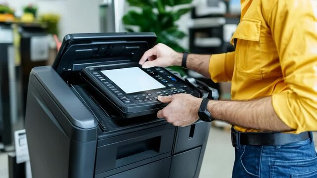 Man operating a multifunction printer in a modern office setting during the day