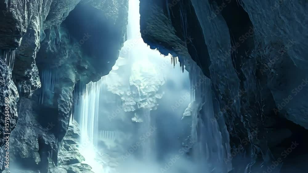 Poster mysterious cave enveloped in fog with cascading water and serene atmosphere, mysterious cave with fo
