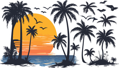 Tropical Sunset Silhouette with Palm Trees and Birds Vector Illustration
