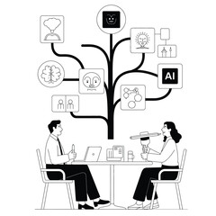 Ethics board analyzing AI decision tree for responsible technology use in black and white vector illustration