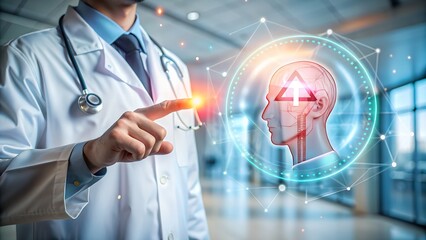 Doctor Analyzing Brain Scan with Arrow Pointing Upwards in Modern Hospital