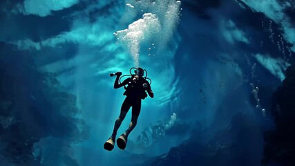 Male diver explores the vibrant blue depths of the sea during a scuba diving adventure, male diver going down to seabed, scuba dive in blue ocean water