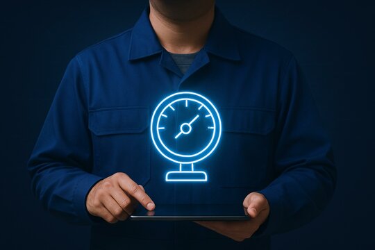 Engineer Using Digital Technology to Monitor Pressure Gauge via Tablet