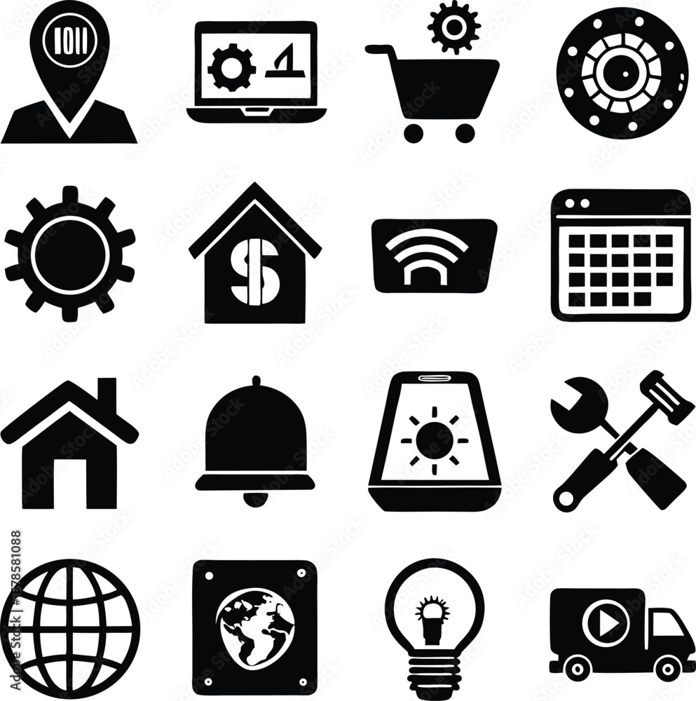 Aufkleber a collection of black and white vector icons representing various digital and business concepts incl
